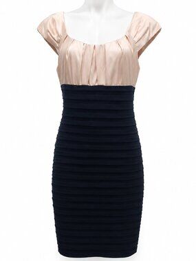 14P Two-Tone Nude & Black Pleated Sheath Dress. Special Event Wedding Cocktails